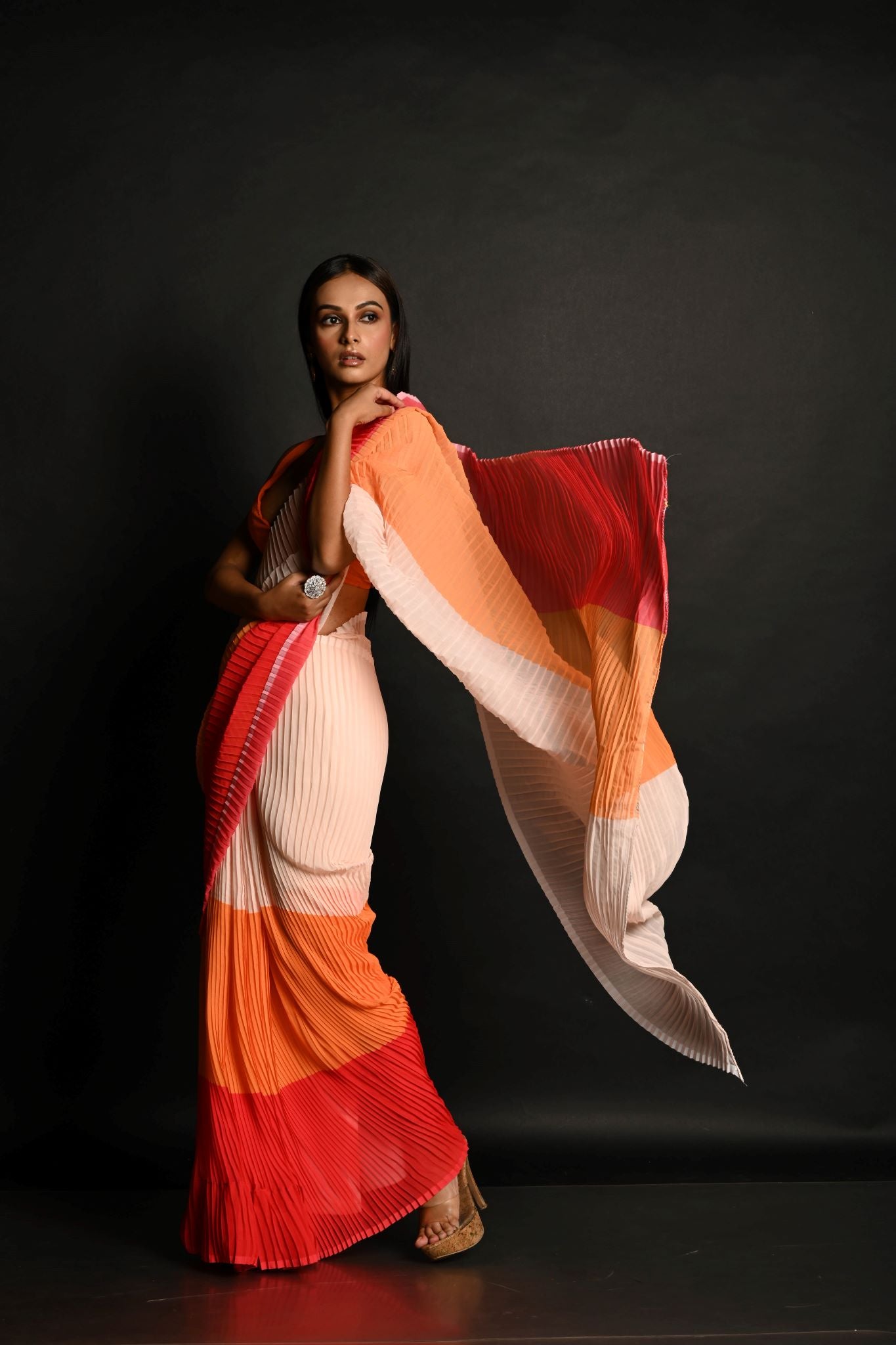 Red, Orange and White Pleated Georgette Sunset Saree - Anvi Couture