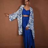 Blue Draped Skirt Set with Matching Blouse and White Cape Jacket - Anvi Couture