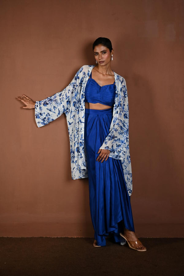 Blue Draped Skirt Set with Matching Blouse and White Cape Jacket - Anvi Couture - Front 1
