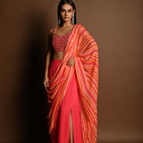 Salmon Peach Striped Pure Georgette Pre Drapped Saree With Embroidered Blouse - Anvi Couture