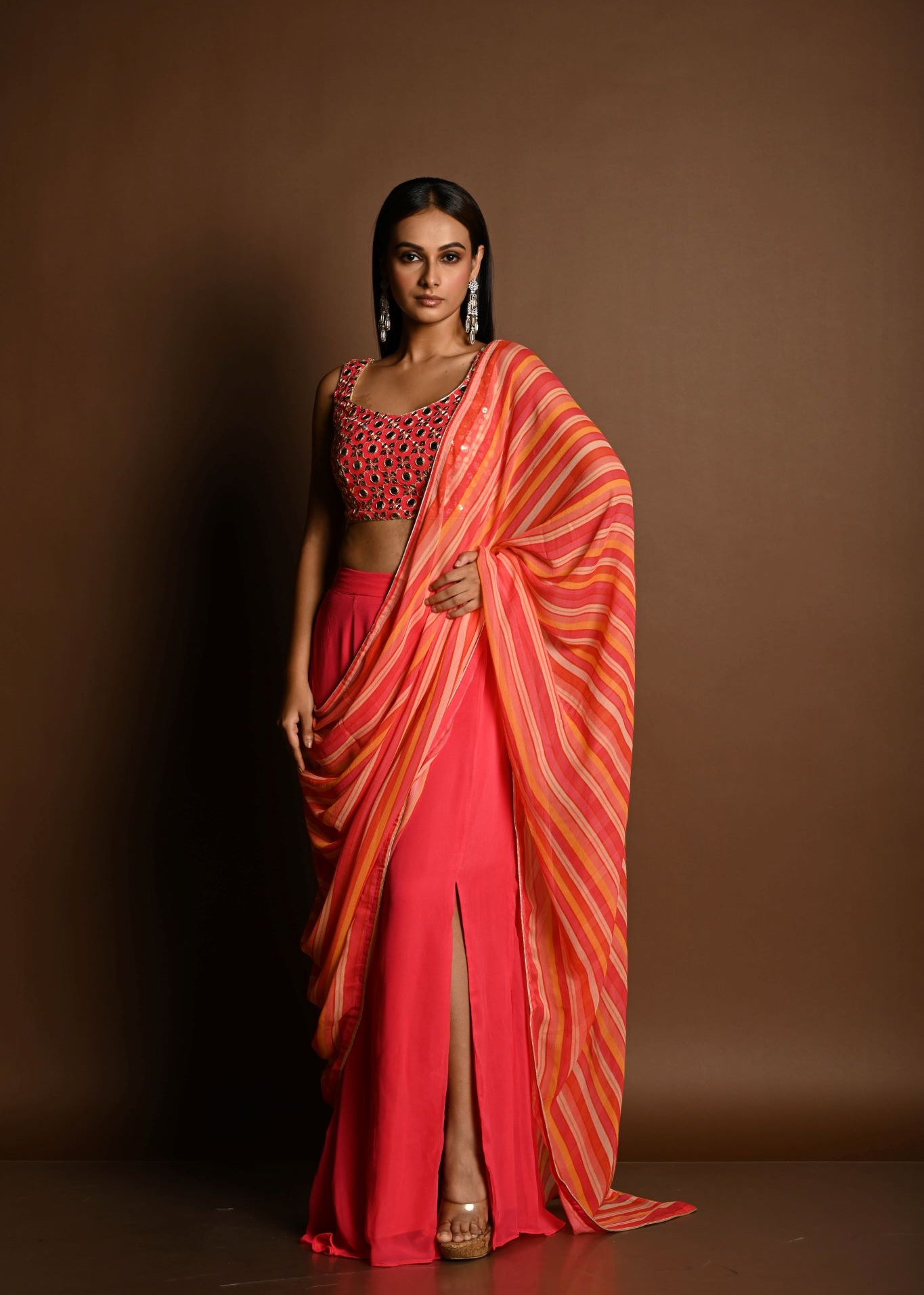 Salmon Peach Striped Pure Georgette Pre Drapped Saree With Embroidered Blouse - Anvi Couture