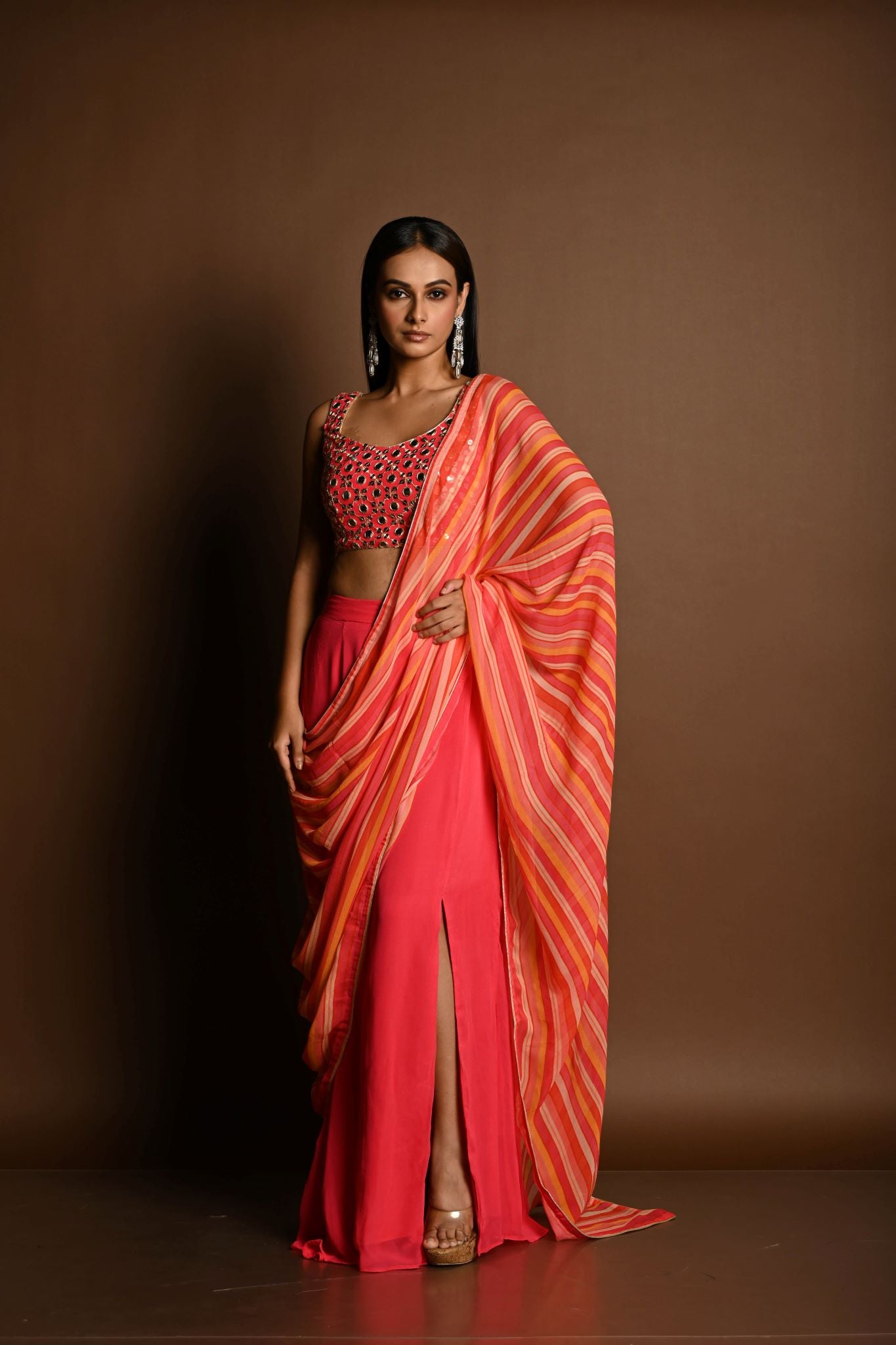 Salmon Peach Striped Pure Georgette Pre Drapped Saree With Embroidered Blouse - Anvi Couture