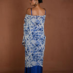 Blue Draped Skirt Set with Matching Blouse and White Cape Jacket - Anvi Couture