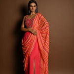 Salmon Peach Striped Pure Georgette Pre Drapped Saree With Embroidered Blouse - Anvi Couture