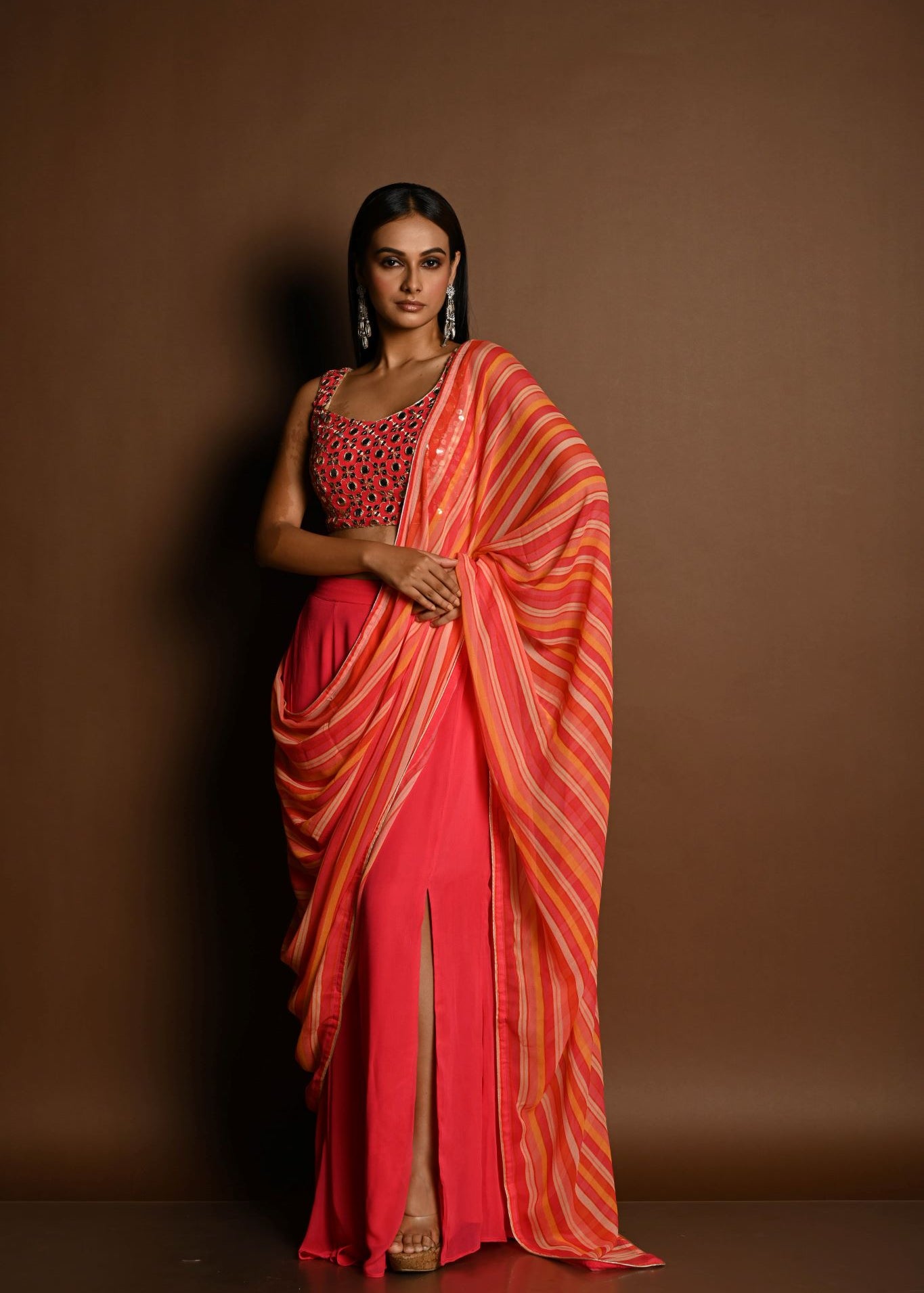 Salmon Peach Striped Pure Georgette Pre Drapped Saree With Embroidered Blouse - Anvi Couture