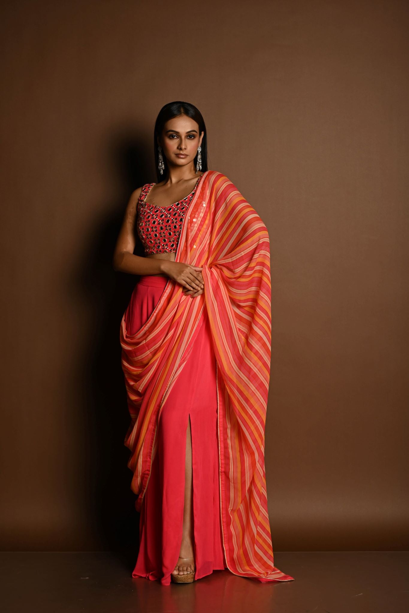 Salmon Peach Striped Pure Georgette Pre Drapped Saree With Embroidered Blouse - Anvi Couture