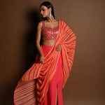 Salmon Peach Striped Pure Georgette Pre Drapped Saree With Embroidered Blouse - Anvi Couture