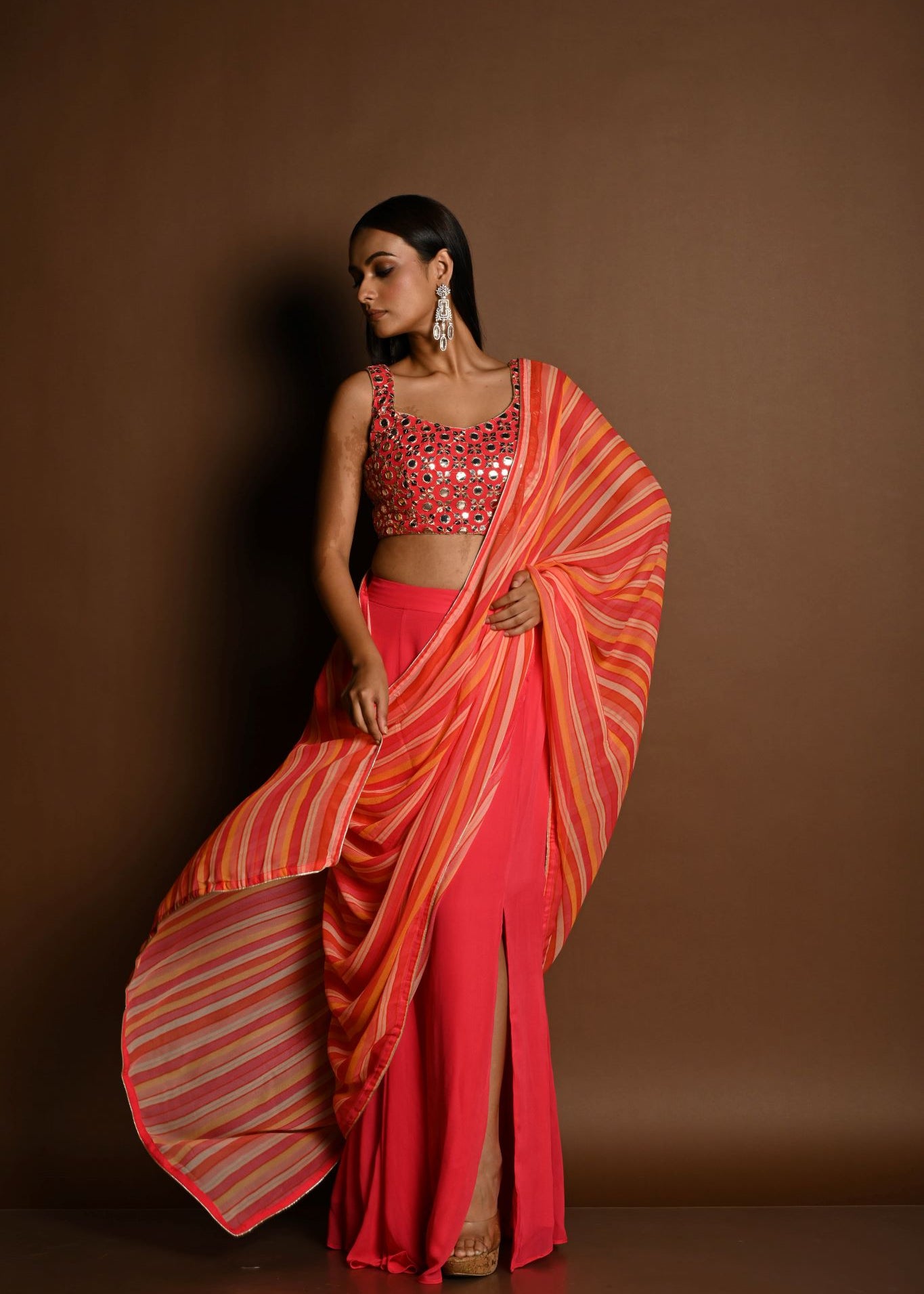 Salmon Peach Striped Pure Georgette Pre Drapped Saree With Embroidered Blouse - Anvi Couture