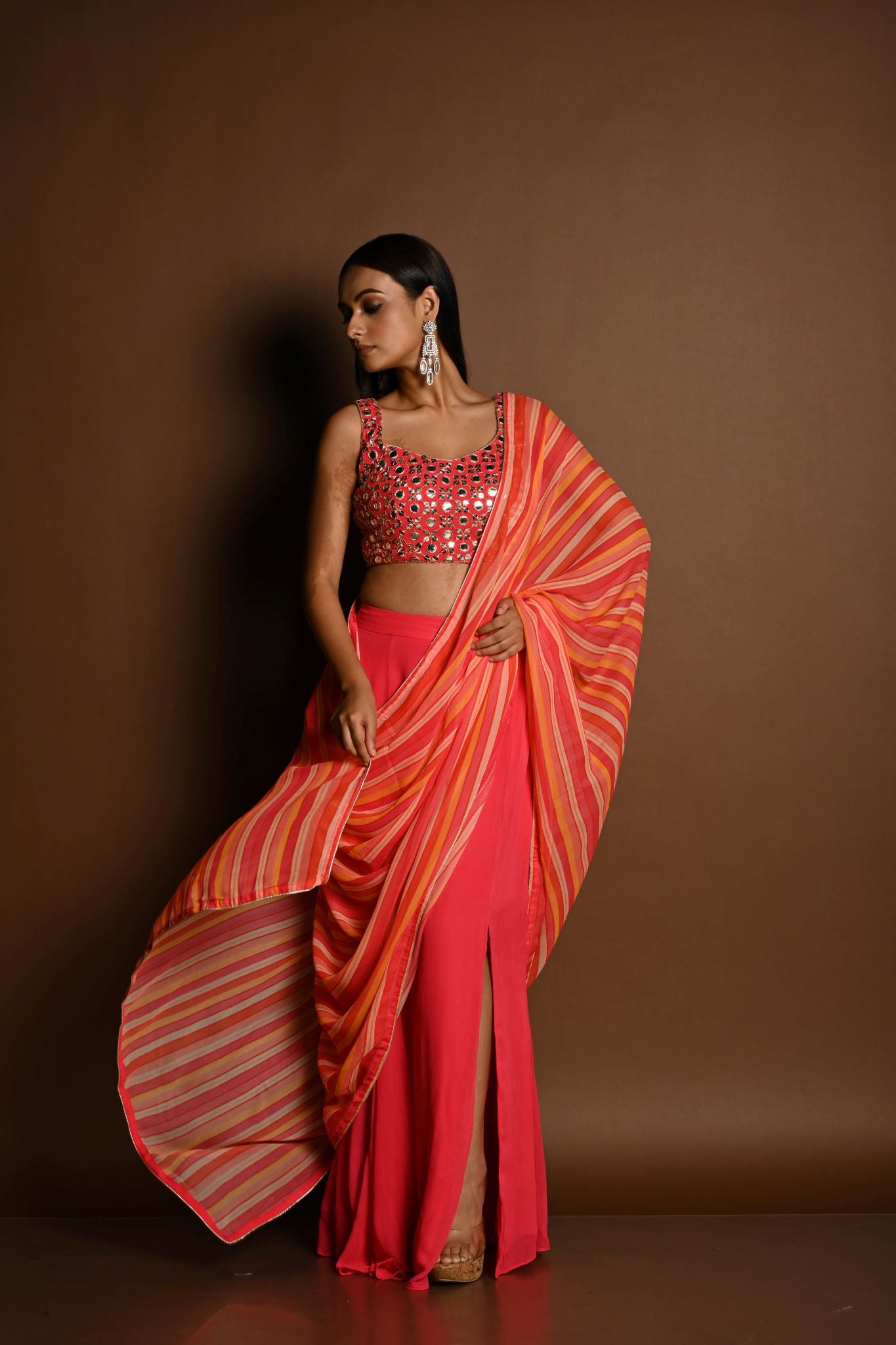 Salmon Peach Striped Pure Georgette Pre Drapped Saree With Embroidered Blouse - Anvi Couture