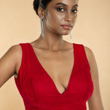 Rani Pink Sleeveless Velvet Blouse with Plunging V Neckline - Anvi Couture