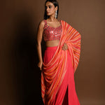 Salmon Peach Striped Pure Georgette Pre Drapped Saree With Embroidered Blouse - Anvi Couture