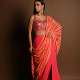 Salmon Peach Striped Pure Georgette Pre Drapped Saree With Embroidered Blouse - Anvi Couture