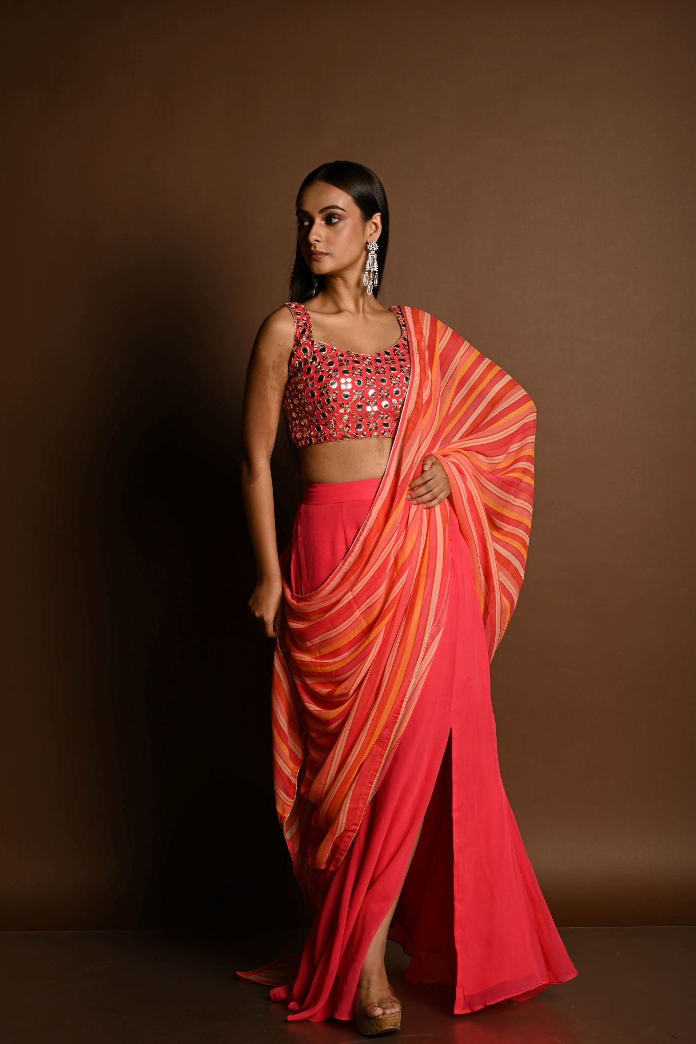 Salmon Peach Striped Pure Georgette Pre Drapped Saree With Embroidered Blouse - Anvi Couture