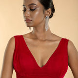 Rani Pink Sleeveless Velvet Blouse with Plunging V Neckline - Anvi Couture