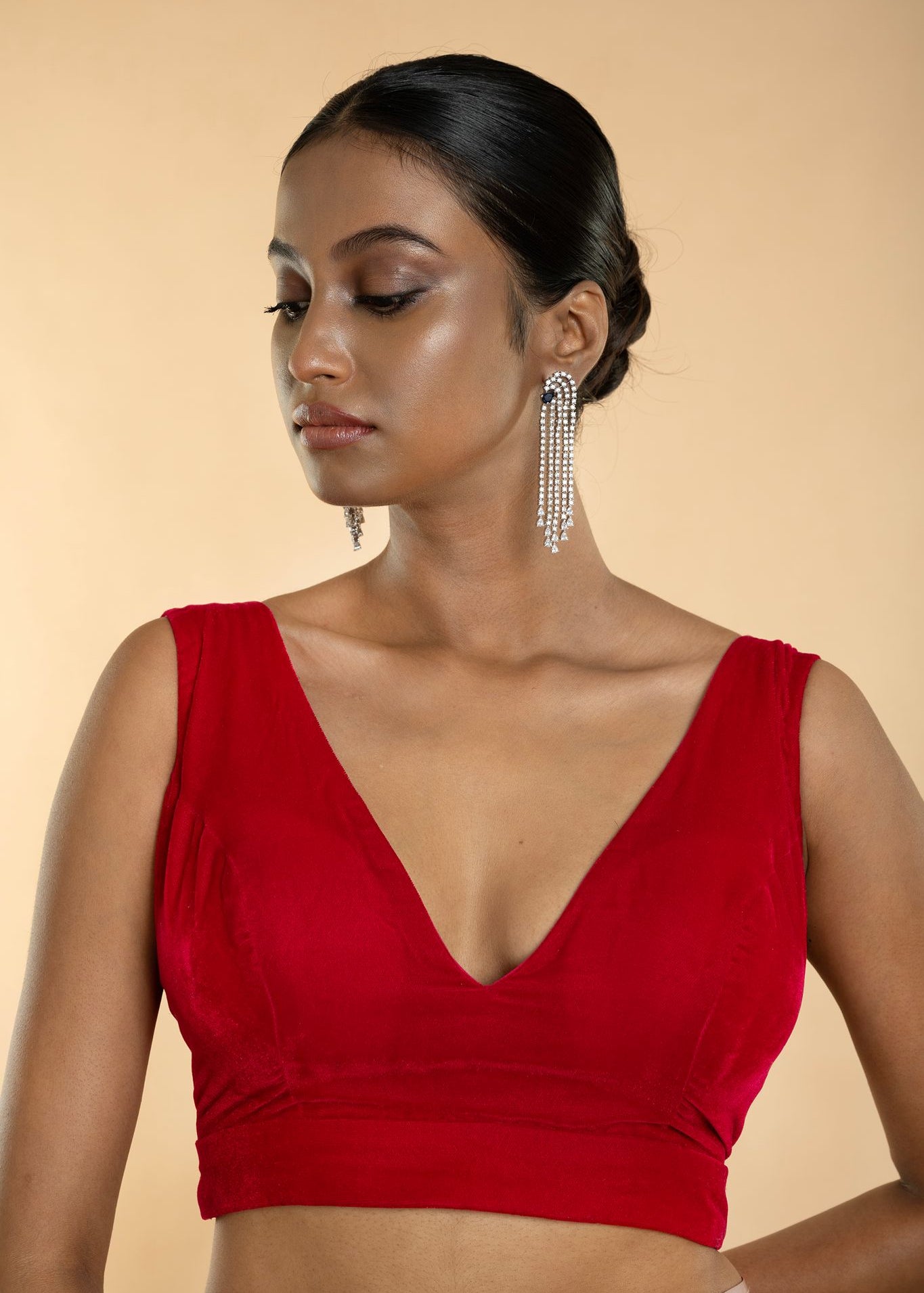 Rani Pink Sleeveless Velvet Blouse with Plunging V Neckline - Anvi Couture