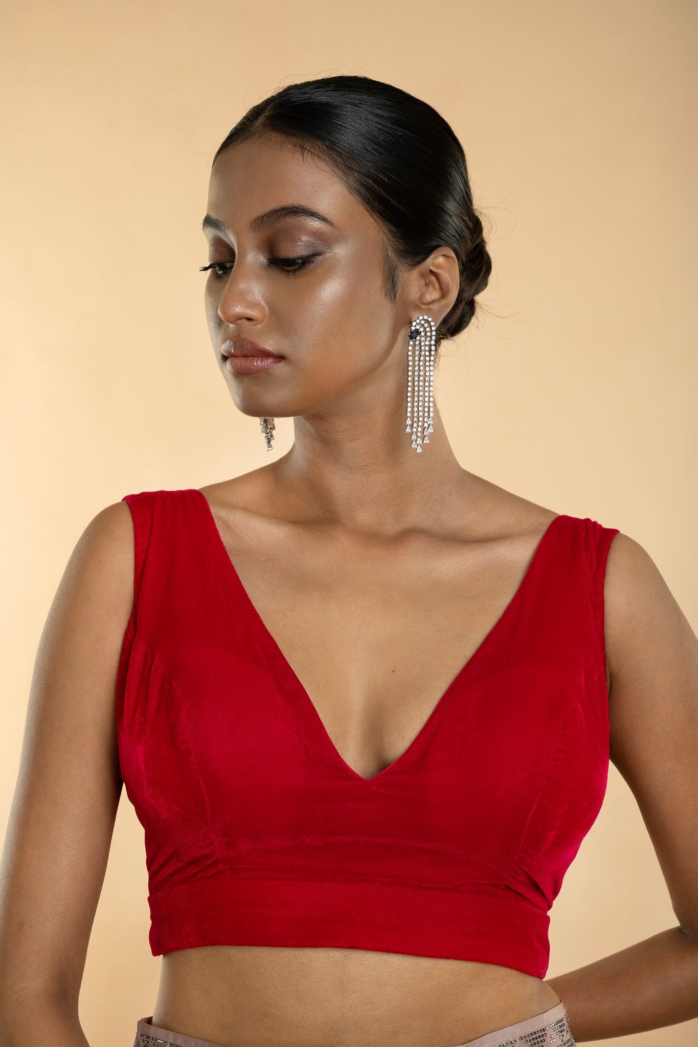 Rani Pink Sleeveless Velvet Blouse with Plunging V Neckline - Anvi Couture