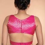 Fusia Pink Brocade Sleeveless Blouse with Curved V Neckline and Back Cutout - Anvi Couture