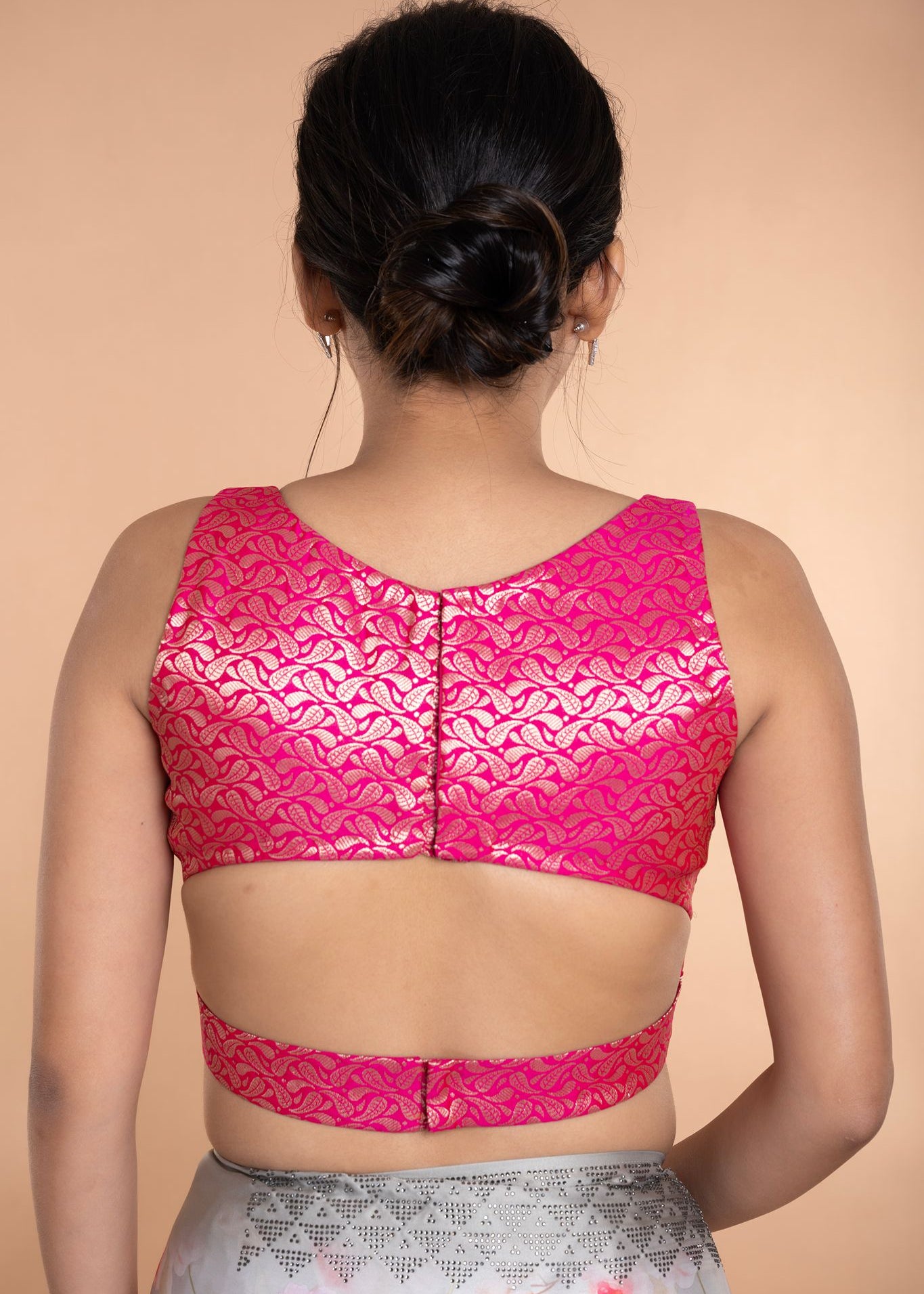 Fusia Pink Brocade Sleeveless Blouse with Curved V Neckline and Back Cutout - Anvi Couture