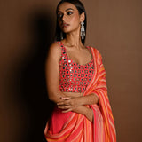 Salmon Peach Striped Pure Georgette Pre Drapped Saree With Embroidered Blouse - Anvi Couture