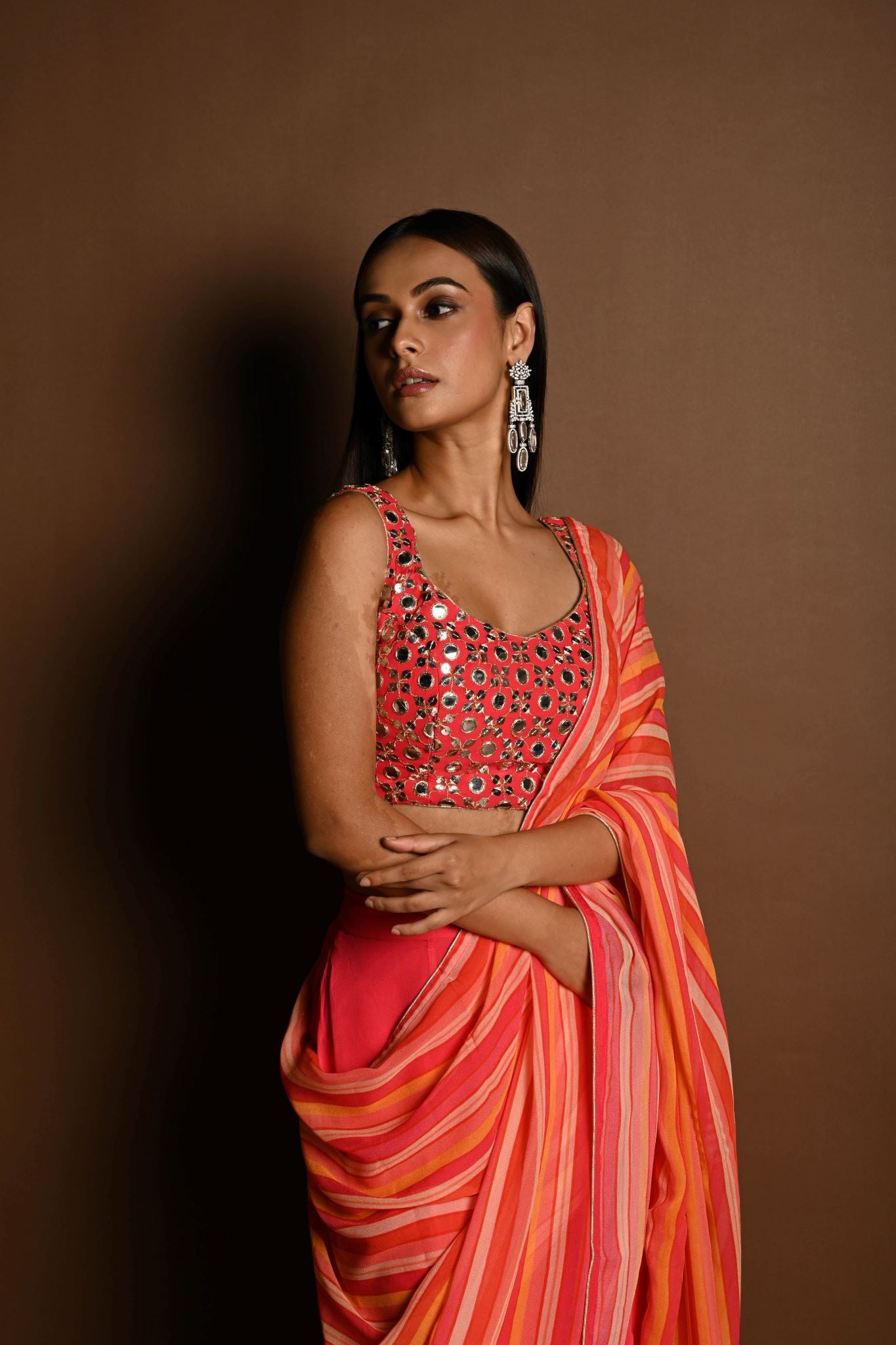 Salmon Peach Striped Pure Georgette Pre Drapped Saree With Embroidered Blouse - Anvi Couture