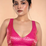 Fusia Pink Brocade Sleeveless Blouse with Curved V Neckline and Back Cutout - Anvi Couture