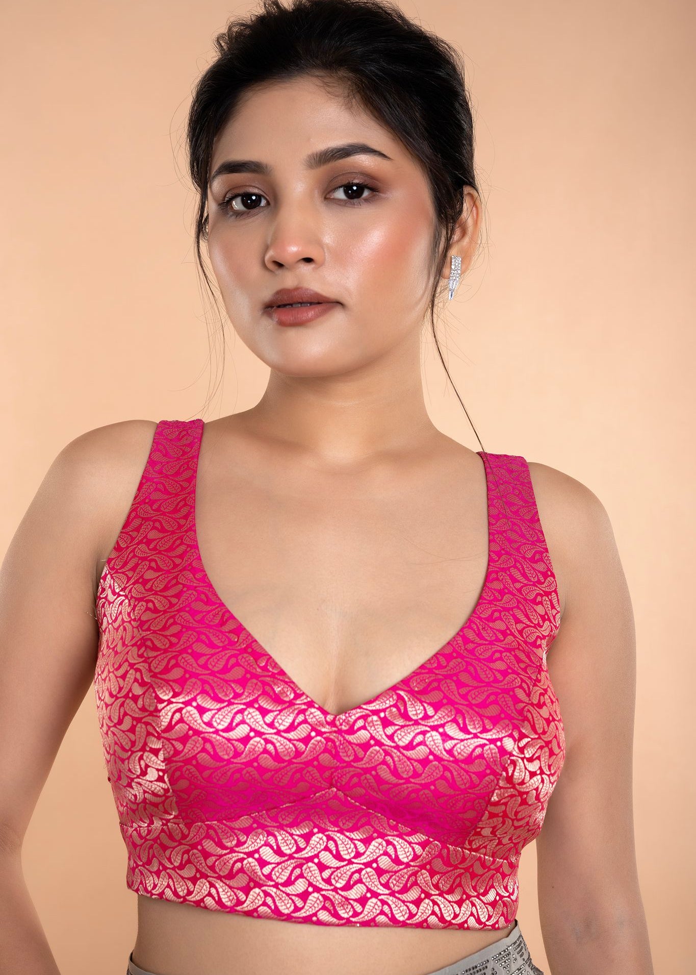 Fusia Pink Brocade Sleeveless Blouse with Curved V Neckline and Back Cutout - Anvi Couture