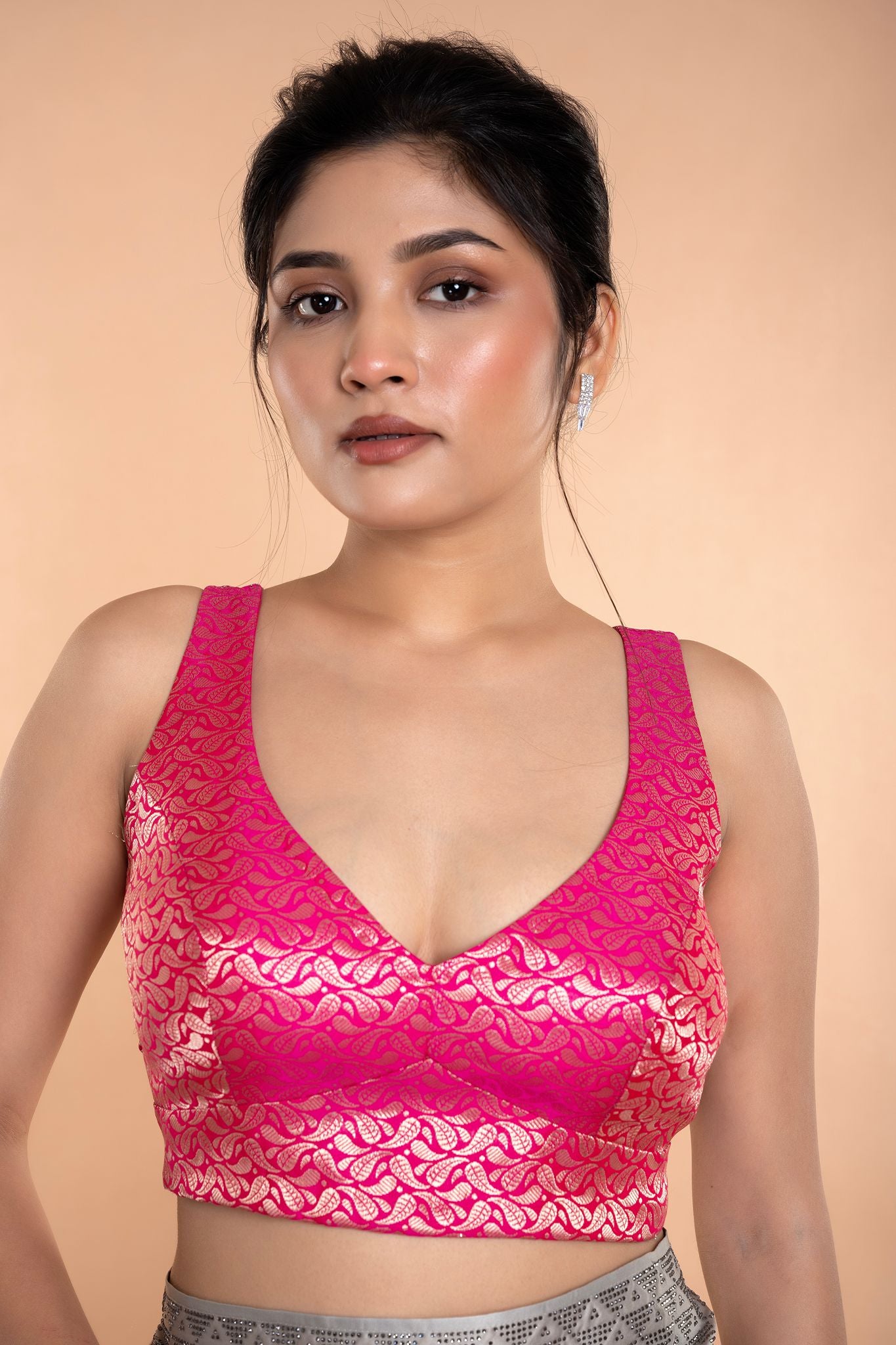 Fusia Pink Brocade Sleeveless Blouse with Curved V Neckline and Back Cutout - Anvi Couture