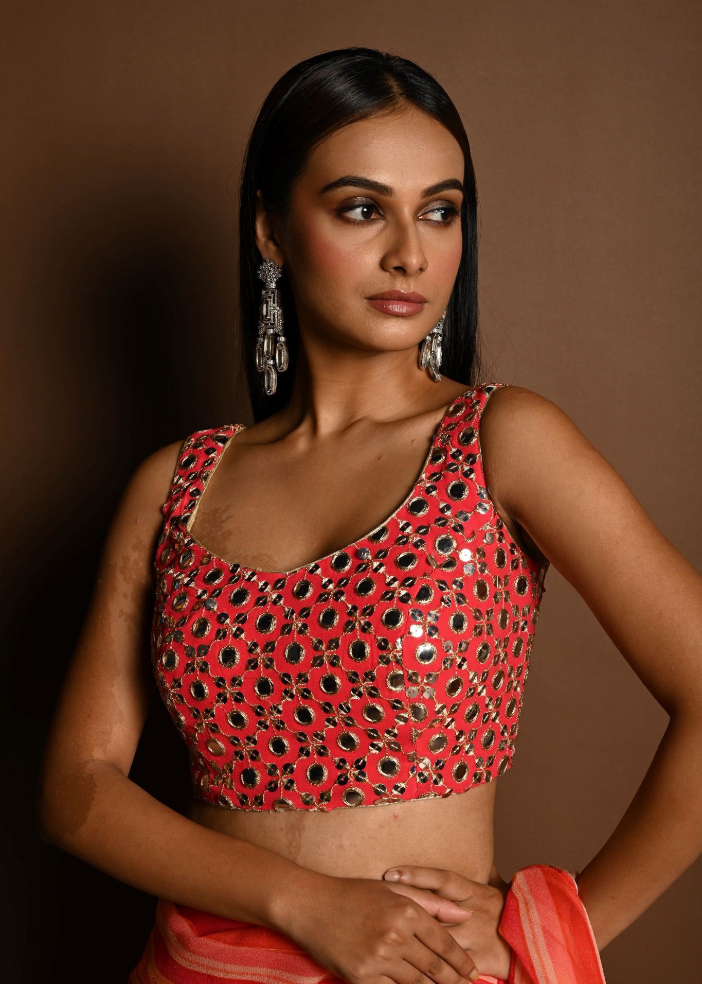 Salmon Peach Striped Pure Georgette Pre Drapped Saree With Embroidered Blouse - Anvi Couture