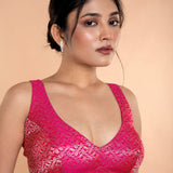 Fusia Pink Brocade Sleeveless Blouse with Curved V Neckline and Back Cutout - Anvi Couture