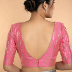 Light Pink V Neckline Brocade Blouse with Elbow Sleeves - Anvi Couture