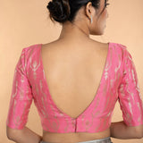 Light Pink V Neckline Brocade Blouse with Elbow Sleeves - Anvi Couture