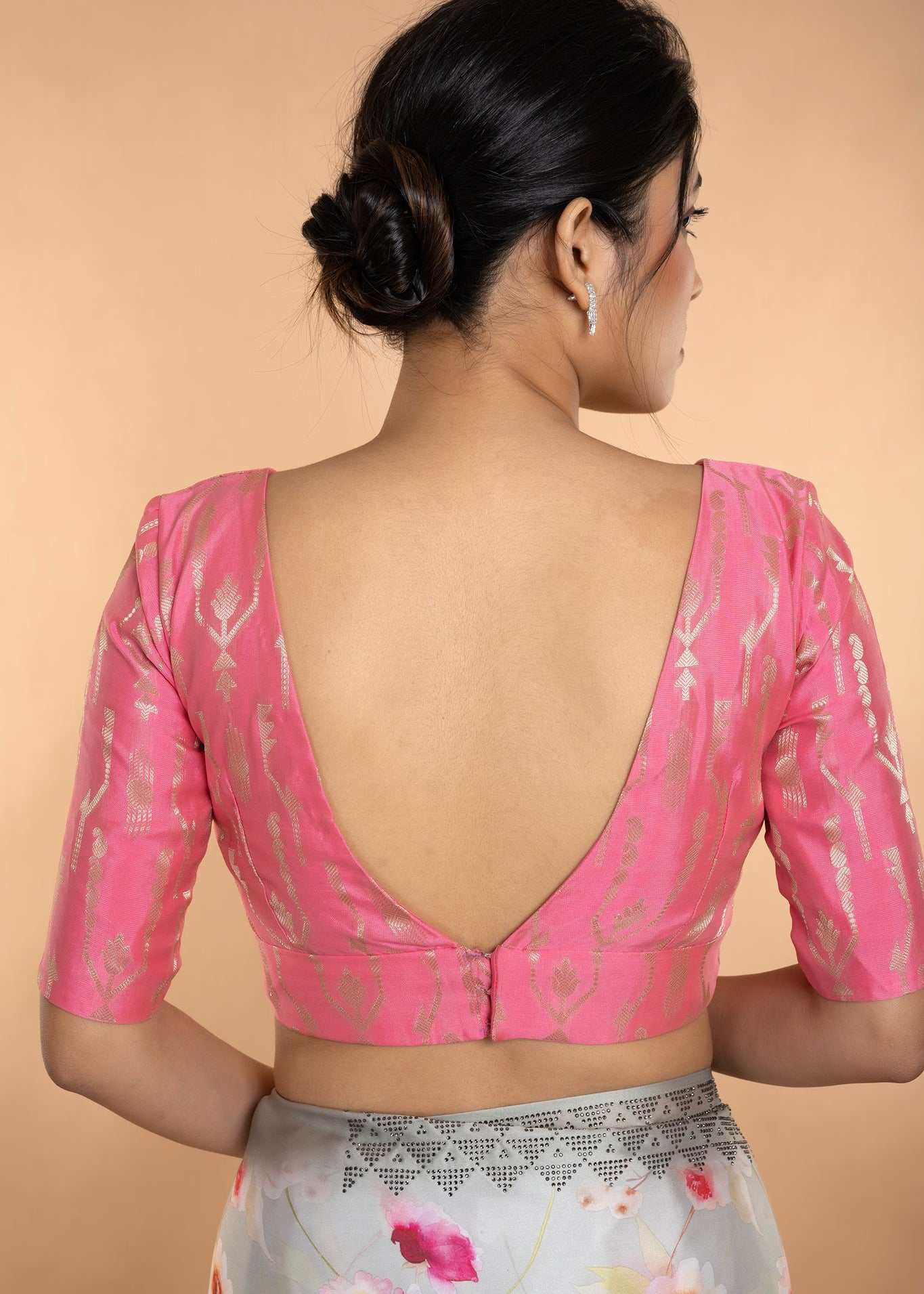 Light Pink V Neckline Brocade Blouse with Elbow Sleeves - Anvi Couture