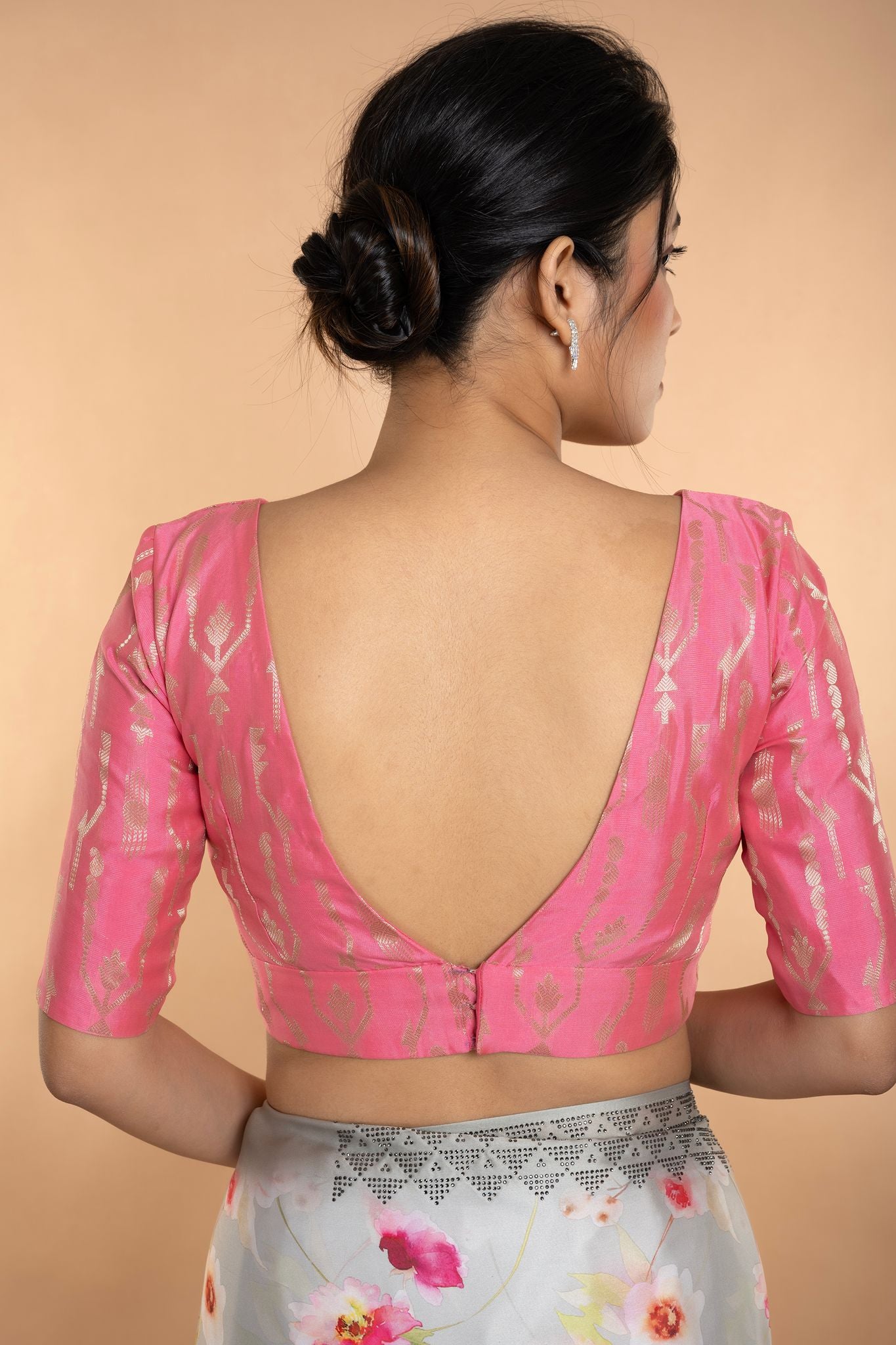 Light Pink V Neckline Brocade Blouse with Elbow Sleeves - Anvi Couture