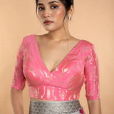 Light Pink V Neckline Brocade Blouse with Elbow Sleeves - Anvi Couture