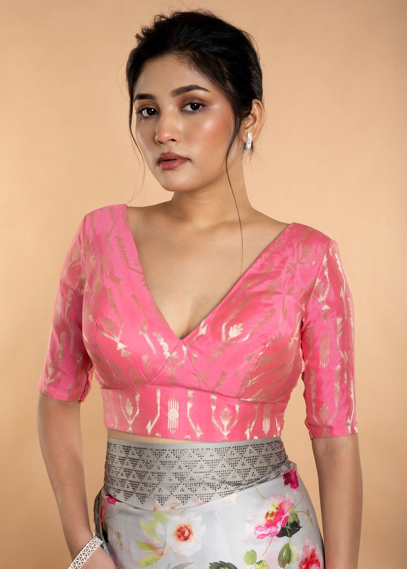 Light Pink V Neckline Brocade Blouse with Elbow Sleeves - Anvi Couture