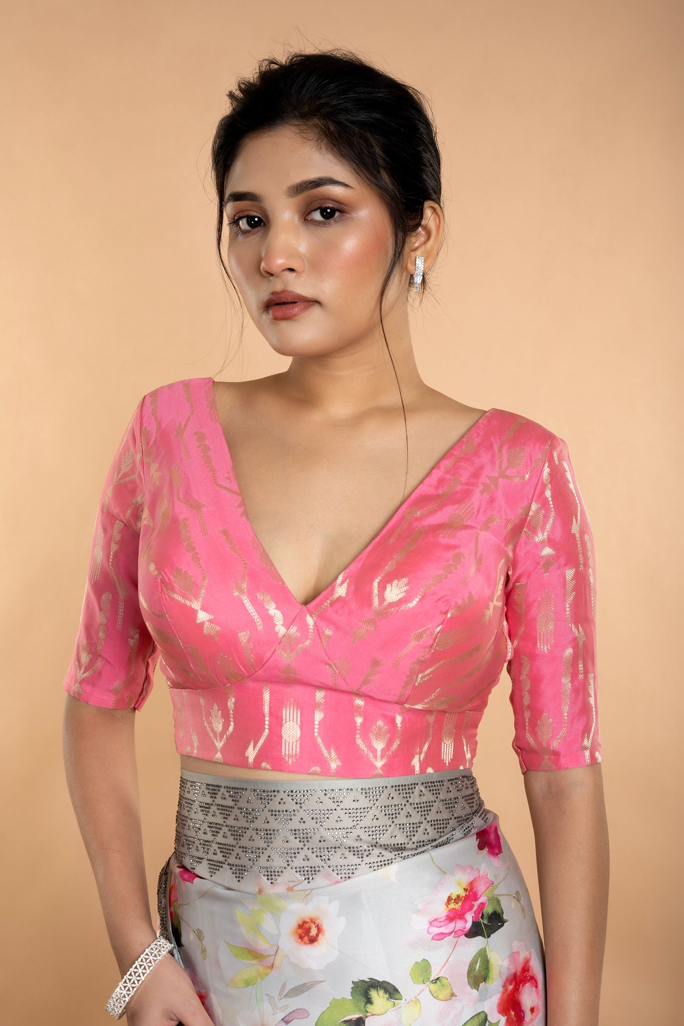 Light Pink V Neckline Brocade Blouse with Elbow Sleeves - Anvi Couture