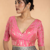 Light Pink V Neckline Brocade Blouse with Elbow Sleeves - Anvi Couture