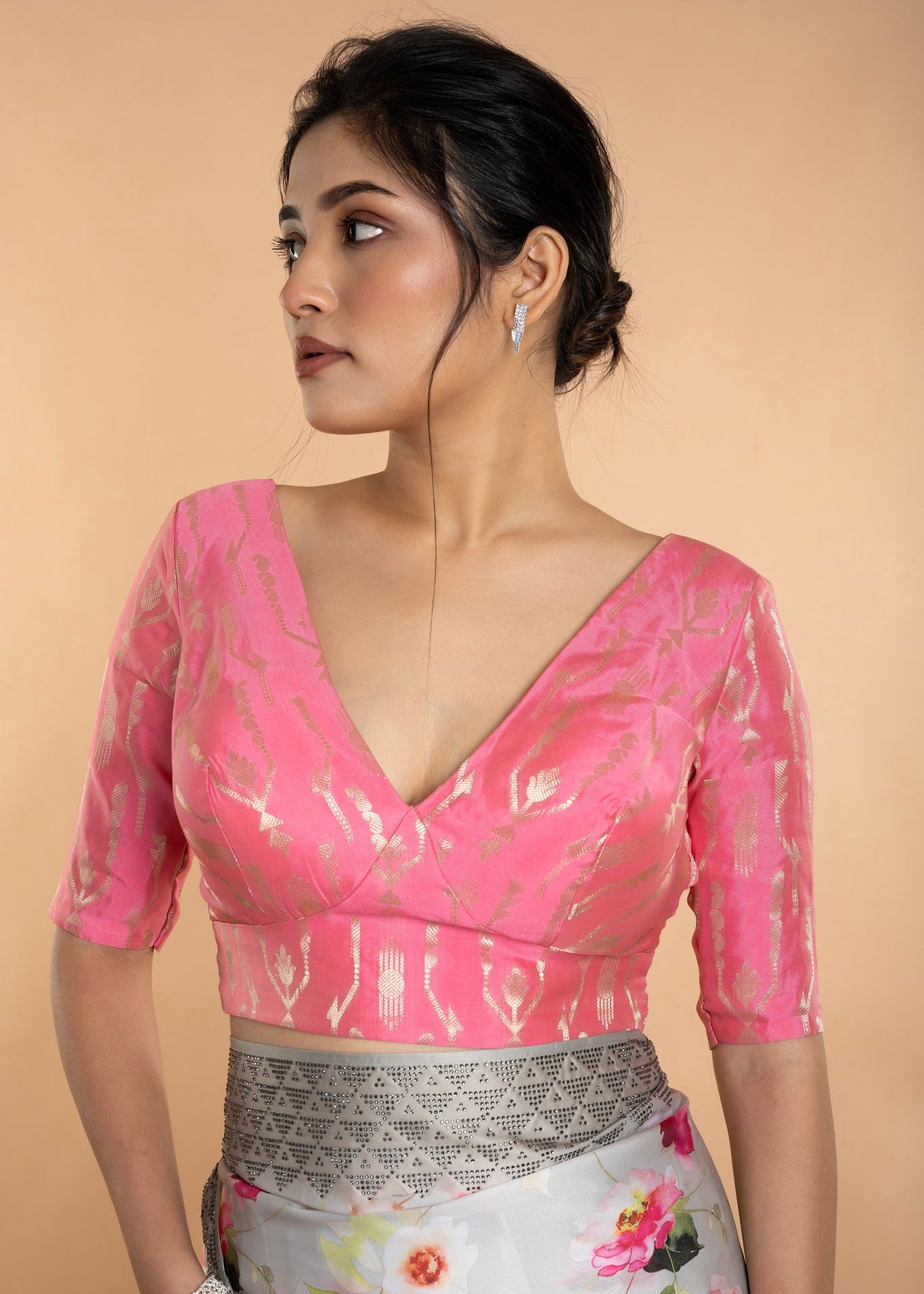 Light Pink V Neckline Brocade Blouse with Elbow Sleeves - Anvi Couture