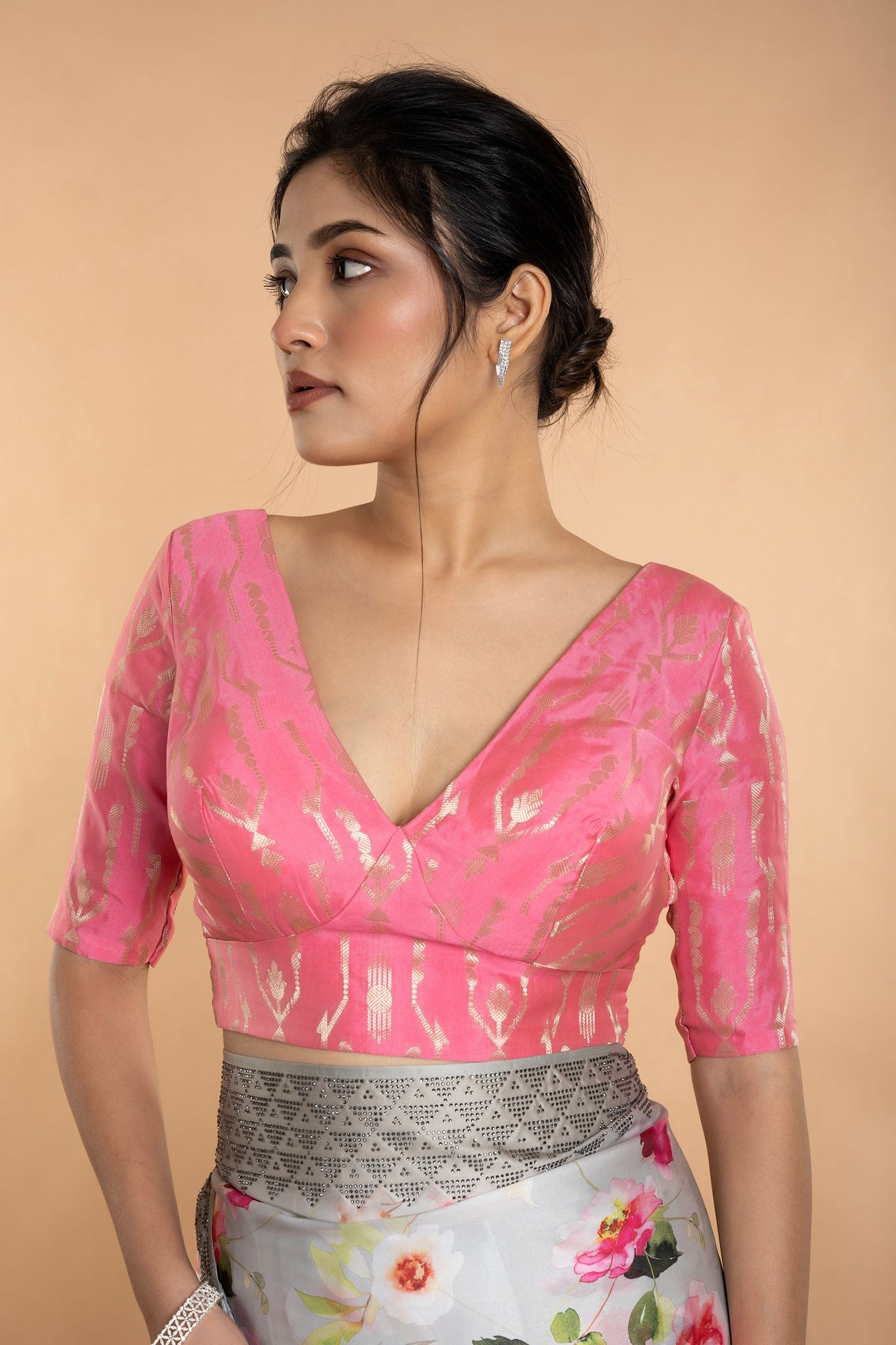 Light Pink V Neckline Brocade Blouse with Elbow Sleeves - Anvi Couture