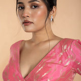 Light Pink V Neckline Brocade Blouse with Elbow Sleeves - Anvi Couture