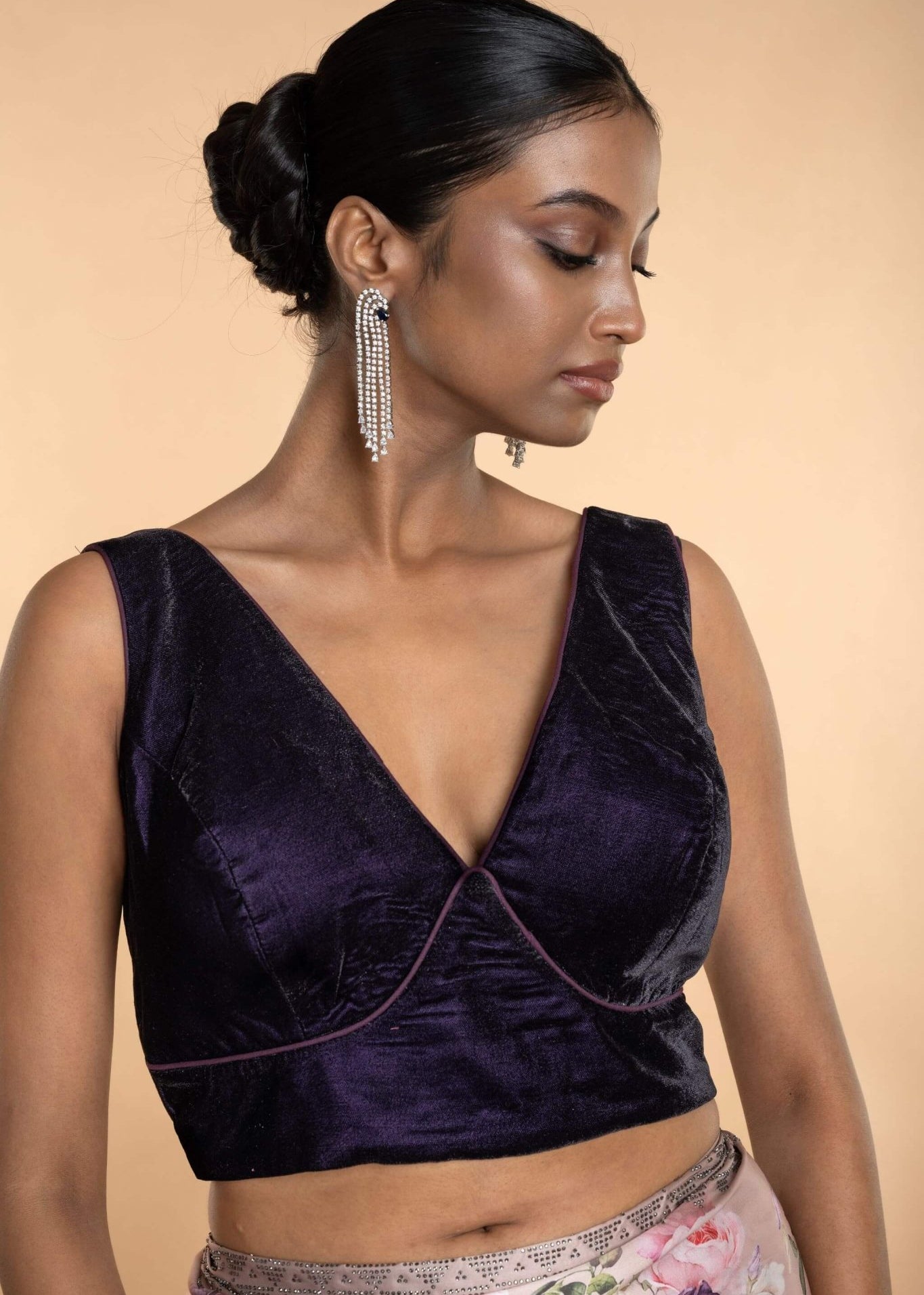 Dark Purple Sleeveless Georgette Blouse with V Neckline - Anvi Couture