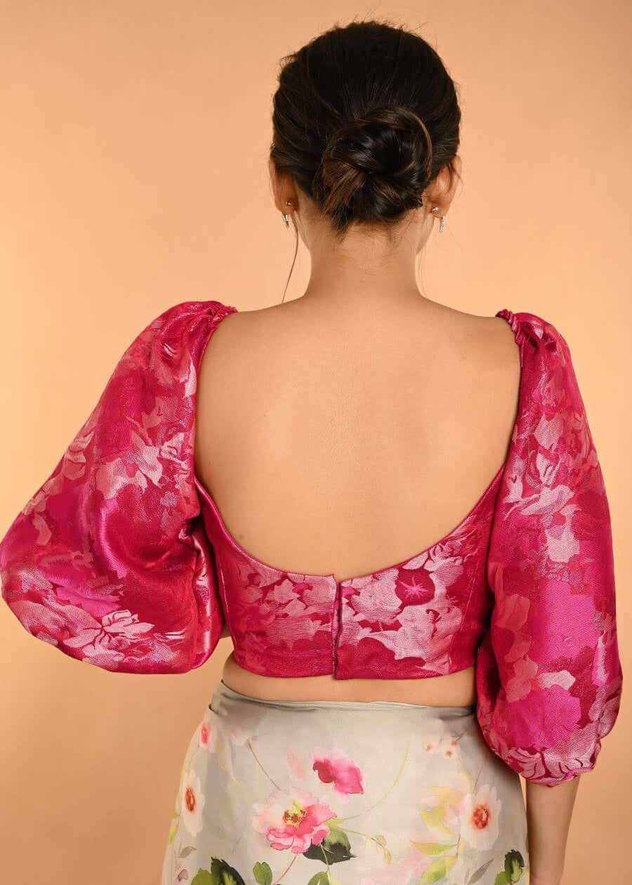 Pink Corset Top in Raw Silk With Three Quarter Sleeves and  Sweetheart Neckline