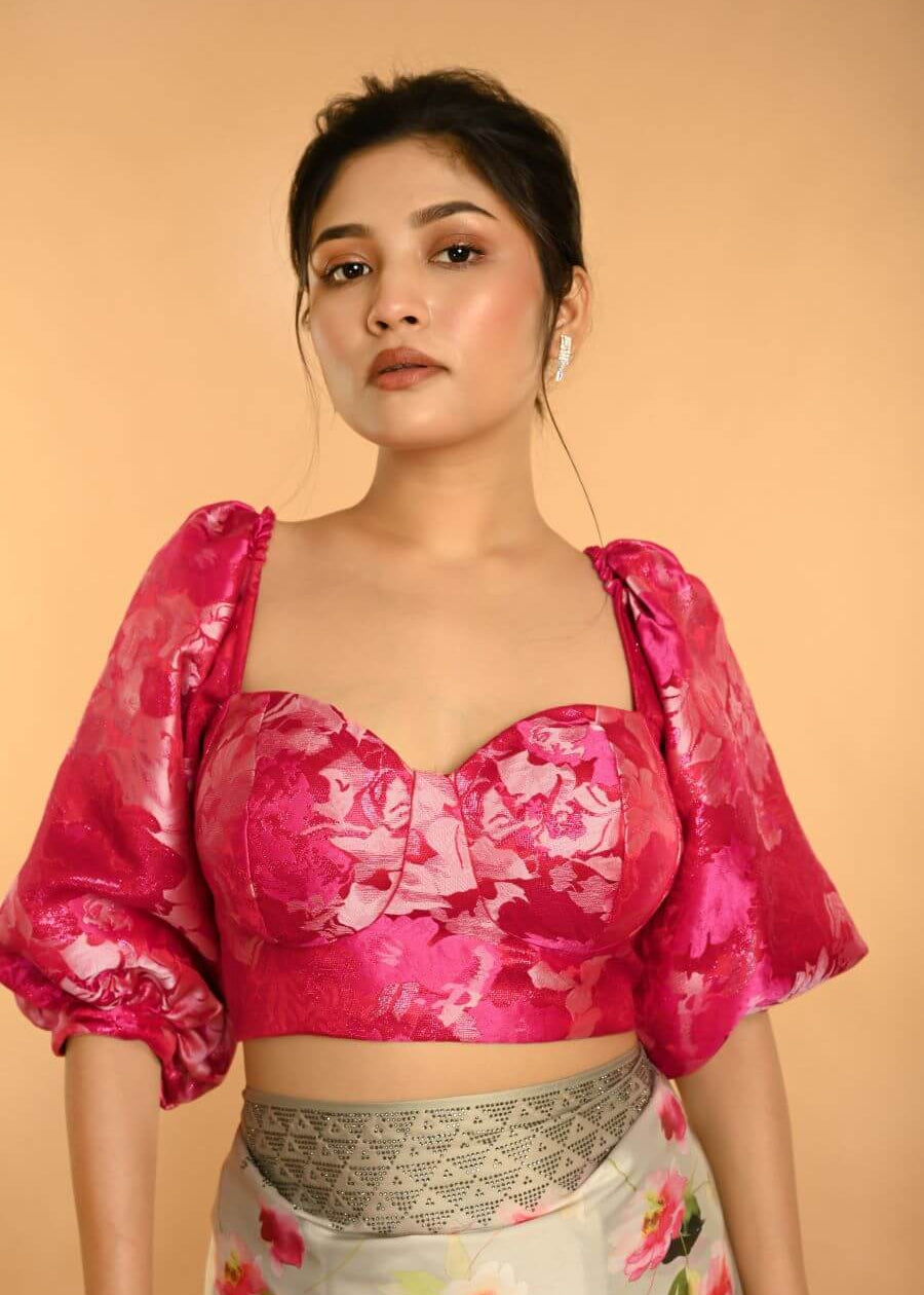 Pink Corset Top in Raw Silk With Three Quarter Sleeves and  Sweetheart Neckline