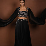 Black Lehenga Set with Embroidered Choli and Cape Sleeves - Anvi Couture