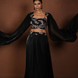 Black Lehenga Set with Embroidered Choli and Cape Sleeves - Anvi Couture