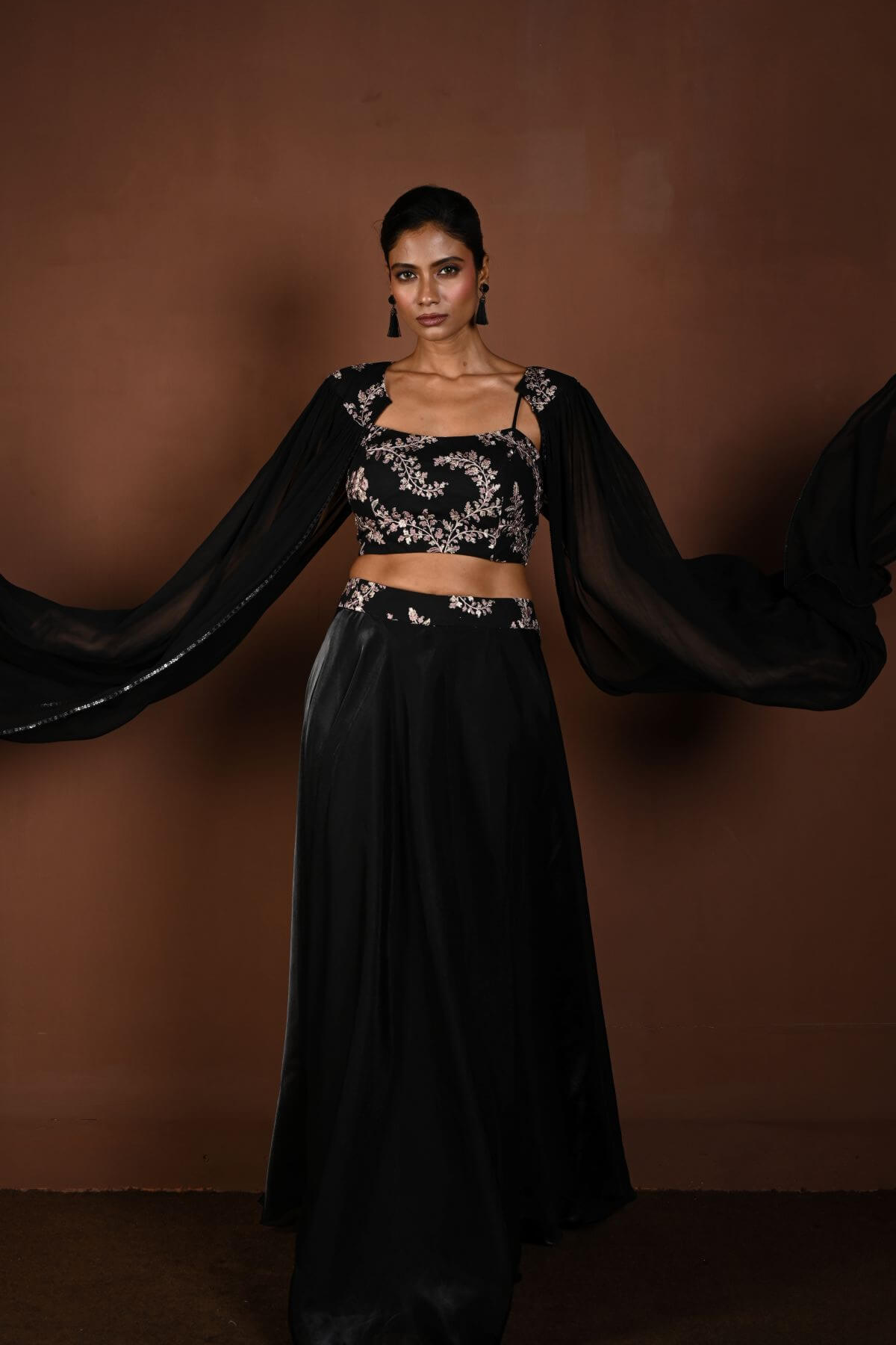 Black Lehenga Set with Embroidered Choli and Cape Sleeves - Anvi Couture