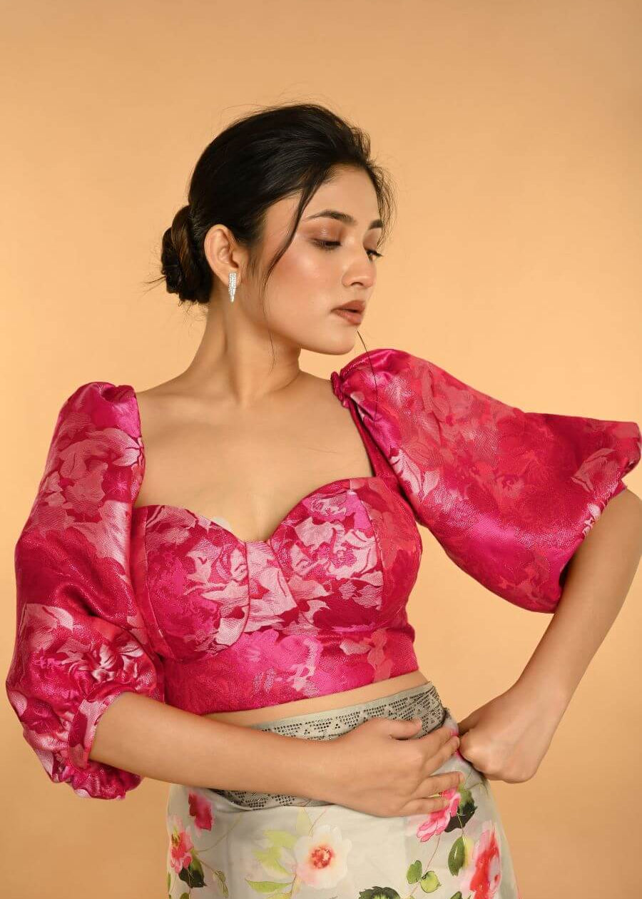 Pink Corset Top in Raw Silk With Three Quarter Sleeves and  Sweetheart Neckline