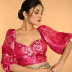 Pink Corset Top in Raw Silk With Three Quarter Sleeves and  Sweetheart Neckline