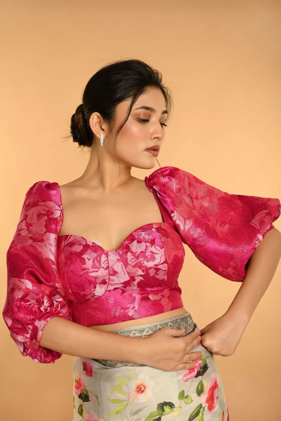 Pink Corset Top in Raw Silk With Three Quarter Sleeves and  Sweetheart Neckline