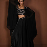 Black Lehenga Set with Embroidered Choli and Cape Sleeves - Anvi Couture